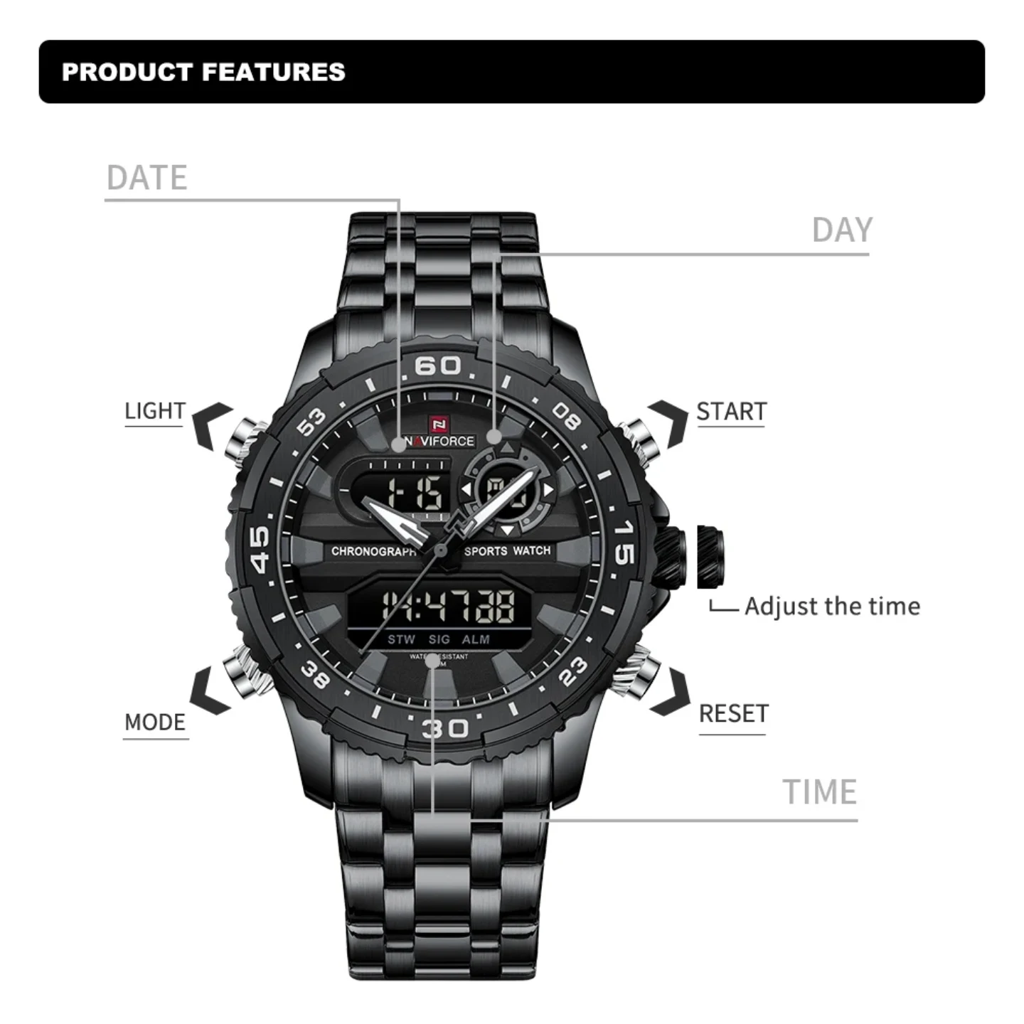 Naviforce dual display watch-Black - Image 2